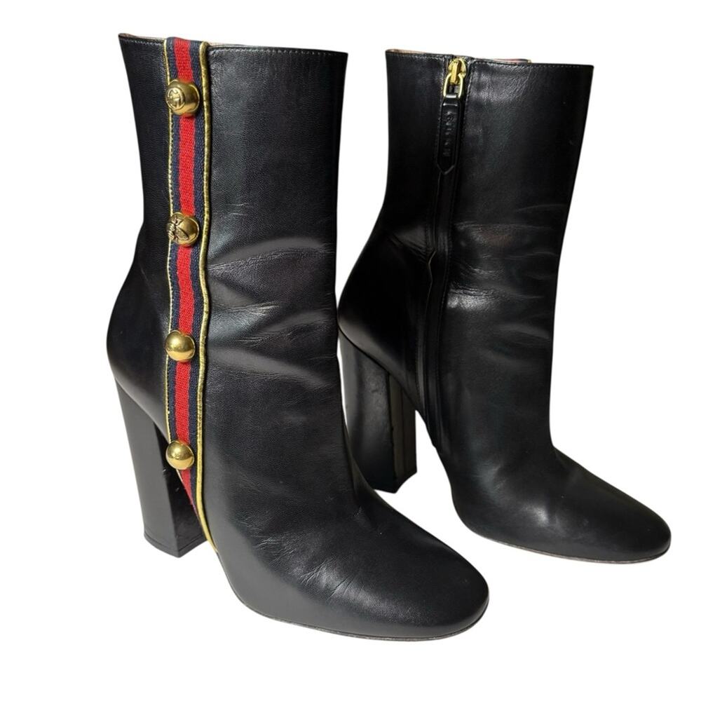 Gucci Malaga Kid Web Carly Leather Mid Calf Boots Gold Stud Side  EU 39/US 9 - Picture 2 of 15